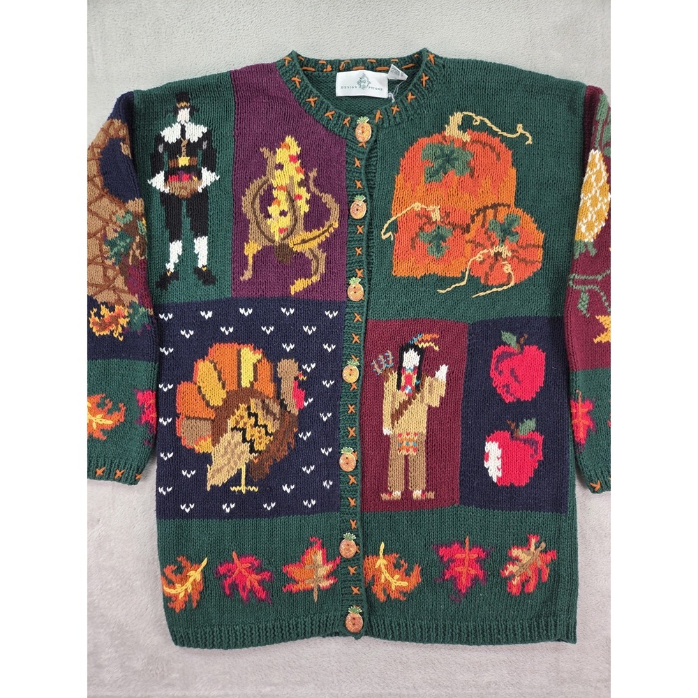 Vintage Thanksgiving Cardigan Sweater Autumn Fall Medium Oversized Turkey Leaves - Picture 3 of 8